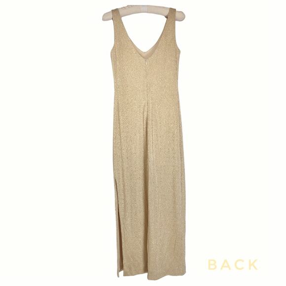 LAUNDRY Metallic Maxi Dress Size 6 Gold Lame Stretch Knit Sexy Bodycon Side Slit - Picture 6 of 12